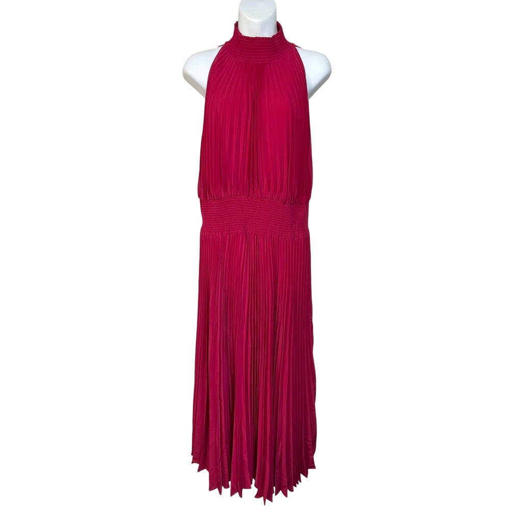 Marina Women's Halter Neck Pleated Smocked Waist Midi Size 14 Dress Pink Fuchsia